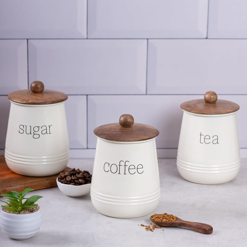 QForge Premium Metal Kitchen Storage Container Set of 3 with Bamboo Lids | Airtight Tea, Coffee & Sugar Canisters | Food-Grade Countertop Storage Jars | Modern Kitchen Organizer (Matte Pink)