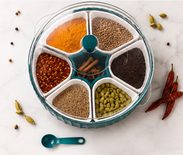 QForge 360° Rotating Masala Box | Airtight 7-Compartment Spice Organizer