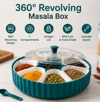 QForge 360° Rotating Masala Box | Airtight 7-Compartment Spice Organizer