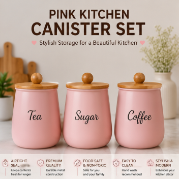 QForge Premium Metal Kitchen Storage Container Set of 3 with Bamboo Lids | Airtight Tea, Coffee & Sugar Canisters | Food-Grade Countertop Storage Jars | Modern Kitchen Organizer (Matte Pink)