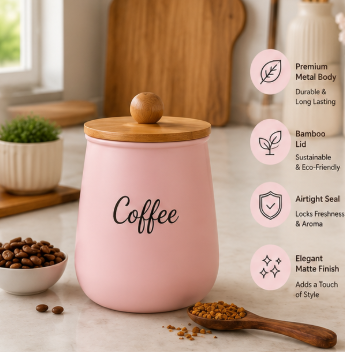 QForge Premium Metal Kitchen Storage Container Set of 3 with Bamboo Lids | Airtight Tea, Coffee & Sugar Canisters | Food-Grade Countertop Storage Jars | Modern Kitchen Organizer (Matte Pink)