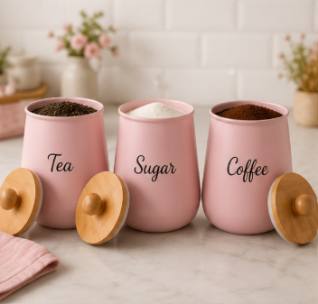 QForge Premium Metal Kitchen Storage Container Set of 3 with Bamboo Lids | Airtight Tea, Coffee & Sugar Canisters | Food-Grade Countertop Storage Jars | Modern Kitchen Organizer (Matte Pink)