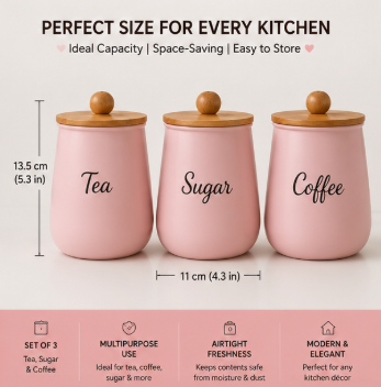 QForge Premium Metal Kitchen Storage Container Set of 3 with Bamboo Lids | Airtight Tea, Coffee & Sugar Canisters | Food-Grade Countertop Storage Jars | Modern Kitchen Organizer (Matte Pink)