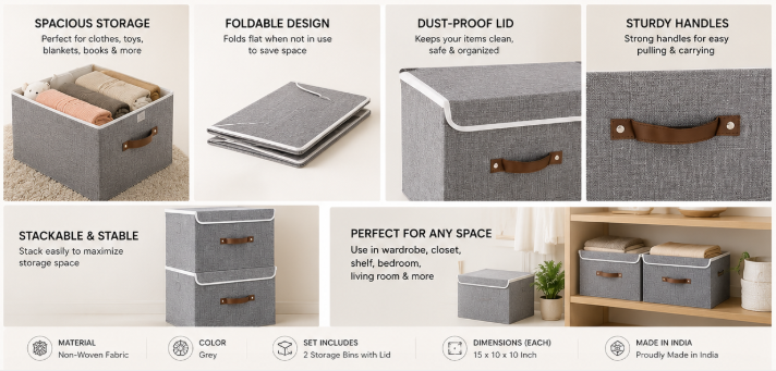 Foldable Storage Basket Bins with Lid & Handles (Set of 2) | Premium Non-Woven Fabric Closet Organizer | Stackable Wardrobe Storage Boxes for Clothes, Toys, Blankets & Home Organization | Grey