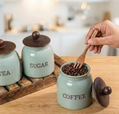 QForge Premium Metal Kitchen Storage Container Set of 3 with Bamboo Lids | Airtight Tea, Coffee & Sugar Canisters | Food-Grade Countertop Storage Jars | Modern Kitchen Organizer (Matte Pink)