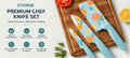 QForge Premium 3-Piece Kitchen Knife Set | High Carbon Stainless Steel Chef, Cleaver & Paring Knives | Food-Grade Printed Non-Stick Coating | Ergonomic Non-Slip Handles with Blade Guards (Blue)