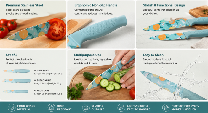 QForge Premium 3-Piece Kitchen Knife Set | High Carbon Stainless Steel Chef, Cleaver & Paring Knives | Food-Grade Printed Non-Stick Coating | Ergonomic Non-Slip Handles with Blade Guards (Blue)