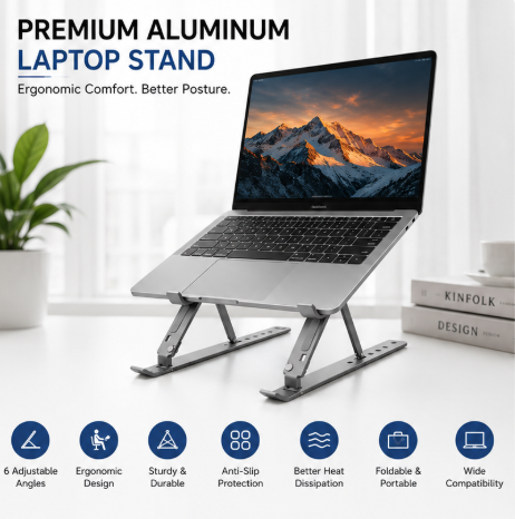QForge Premium Foldable Aluminum Laptop Stand | 7-Level Adjustable Ergonomic Laptop Riser | Portable Metal Notebook Stand for 10–15.6 Inch Laptops, Tablets & MacBooks | Black