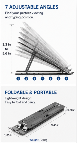 QForge Premium Foldable Aluminum Laptop Stand | 7-Level Adjustable Ergonomic Laptop Riser | Portable Metal Notebook Stand for 10–15.6 Inch Laptops, Tablets & MacBooks | Black