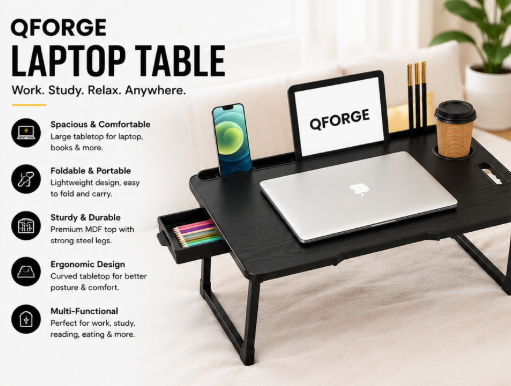 QForge Foldable Laptop Table for Bed | Portable Study & Writing Desk with Tablet Slot, Cup Holder & Side Drawer | Wooden Bed Table for Work, Study, Reading & Breakfast | 59 × 40 cm | Black