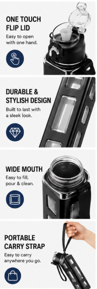 QForge 1000ml Motivational Water Bottle | BPA-Free Leakproof Sports Water Bottle with Carry Strap | Flip-Top Lid, Wide Mouth & Time Marker | Gym, Office, School, Travel & Yoga | Black