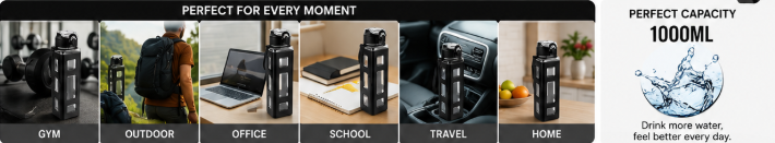 QForge 1000ml Motivational Water Bottle | BPA-Free Leakproof Sports Water Bottle with Carry Strap | Flip-Top Lid, Wide Mouth & Time Marker | Gym, Office, School, Travel & Yoga | Black