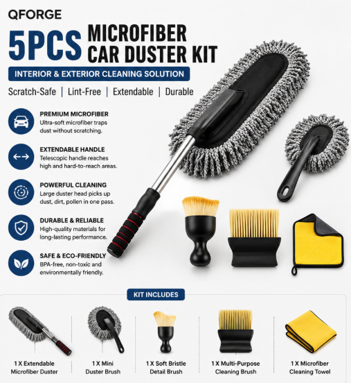 5-Piece Microfiber Car Cleaning Kit | Scratch-Free Interior & Exterior Car Duster Set | Extendable Handle, Detailing Brushes & Microfiber Cleaning Tools for Cars, SUVs & Motorcycles