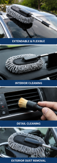 5-Piece Microfiber Car Cleaning Kit | Scratch-Free Interior & Exterior Car Duster Set | Extendable Handle, Detailing Brushes & Microfiber Cleaning Tools for Cars, SUVs & Motorcycles