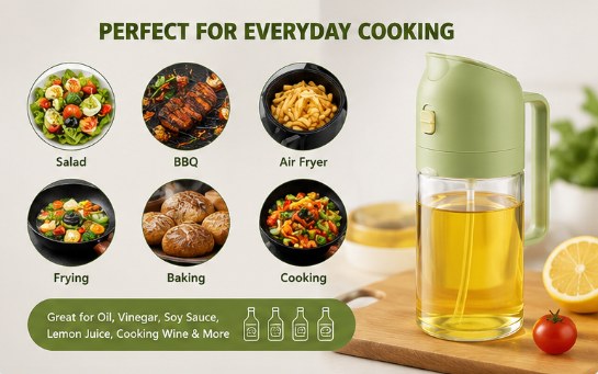 QForge 2-in-1 Glass Oil Sprayer & Dispenser Bottle | Food-Grade Olive Oil Spray Bottle with Pour Spout | Leakproof Kitchen Oil Mister for Air Fryer, BBQ, Salad, Baking & Cooking
